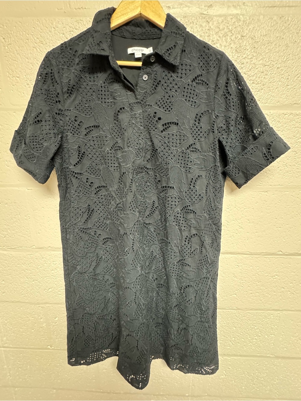 Chico's Black Lace Eyelet Polo Tunic Dress